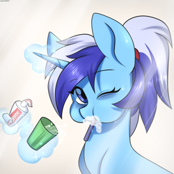 Size: 1800x1800 | Tagged: source needed, safe, artist:cottonaime, minuette, pony, unicorn, g4, alternate hairstyle, brushing teeth, cup, female, glowing horn, horn, looking at you, magic, mare, one eye closed, ponytail, solo, toothbrush, toothpaste