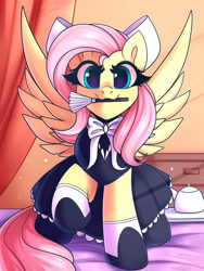 Size: 1500x2000 | Tagged: safe, artist:shadowreindeer, fluttershy, pegasus, pony, g4, bed, bow, clothes, cute, duster, female, fluttermaid, hair bow, looking at you, maid, mare, morning ponies, mouth hold, on bed, shyabetes, solo