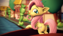 Size: 3840x2160 | Tagged: safe, alternate version, artist:psfmer, fluttershy, pegasus, pony, 3d, :p, bridge, butt, cute, daaaaaaaaaaaw, dock, flutterbutt, high res, house, leaning, looking at you, looking back, looking back at you, plot, ponyville, river, shrub, shyabetes, solo, source filmmaker, tongue out, tree, unshorn fetlocks