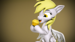 Size: 3840x2160 | Tagged: safe, artist:psfmer, derpy hooves, pegasus, pony, g4, 3d, abstract background, cute, derpabetes, excited, eyelashes, food, high res, muffin, revamped ponies, solo, source filmmaker, that pony sure does love muffins, wings, wings down