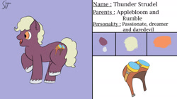 Size: 1280x720 | Tagged: safe, artist:schumette14, oc, oc:thunder strudel, earth pony, pony, earth pony oc, first design, next generation, offspring, parent:apple bloom, parent:applebloom, parent:rumble, parents:rumbloom