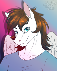 Size: 968x1200 | Tagged: safe, artist:sunny way, oc, oc only, pegasus, anthro, bust, clothes, eyebrows, eyebrows visible through hair, finished commission, folded wings, gradient background, looking at you, male, portrait, shirt, sketch, smiling, solo, stallion, wings