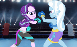Size: 1039x637 | Tagged: safe, artist:lachlancarr1996, starlight glimmer, trixie, equestria girls, g4, boxing gloves, exeron battle, exeron fighters, exeron outfit