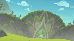 Size: 1280x720 | Tagged: safe, screencap, g4, surf and/or turf, background, cloud, day, harmonizing heights, mount aris, no pony, scenic ponyville, sky
