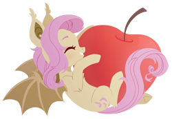 Size: 3000x2076 | Tagged: safe, artist:belka-sempai, fluttershy, bat pony, pony, g4, apple, bat ponified, bat wings, chest fluff, cute, ear tufts, elbow fluff, eyes closed, female, flutterbat, food, gritted teeth, high res, holding, lying down, mare, on back, profile, race swap, shyabetes, simple background, smiling, solo, spread wings, transparent background, underhoof, wings