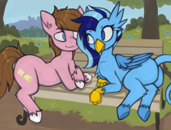 Size: 2255x1711 | Tagged: safe, artist:marsminer, oc, oc only, oc:dusty tomes, oc:serenity, earth pony, hippogriff, pony, blue coat, blue eyes, blue mane, blue tail, blue wings, brown mane, brown tail, butt, colored hooves, female, folded wings, large butt, looking at each other, male, multicolored mane, park, pink coat, stallion, unshorn fetlocks, white hooves, wings
