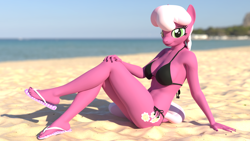 Size: 3840x2160 | Tagged: safe, artist:wintersarts, cheerilee, earth pony, anthro, plantigrade anthro, g4, 3d, 4k, beach, bikini, blender, blender cycles, breasts, busty cheerilee, clothes, feet, female, high res, looking at you, nail polish, not sfm, sandals, sexy, shoe dangling, smiling, solo, stupid sexy cheerilee, swimsuit, toenail polish