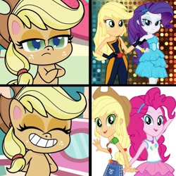 Size: 1300x1300 | Tagged: safe, edit, edited screencap, screencap, applejack, pinkie pie, rarity, earth pony, human, pony, equestria girls, equestria girls series, g4, g4.5, how applejack got her hat back, my little pony equestria girls, my little pony: pony life, superb six, amused, applejack is not amused, applejack's hat, bipedal, clothes, cowboy hat, crossed arms, crossed hooves, duo, duo female, eyes closed, fall formal outfits, female, geode of sugar bombs, geode of super strength, grin, hat, hatless, hotline bling, lesbian, magical geodes, meme, missing accessory, op is a duck, op is trying to start shit, ship:applepie, ship:rarijack, shipping, smiling, unamused