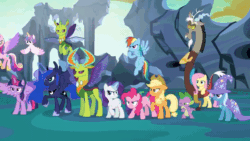 Size: 600x338 | Tagged: safe, screencap, applejack, discord, fluttershy, pinkie pie, princess cadance, princess celestia, princess flurry heart, princess luna, rainbow dash, rarity, shining armor, spike, starlight glimmer, thorax, trixie, twilight sparkle, alicorn, changedling, changeling, earth pony, pegasus, pony, unicorn, g4, season 6, to where and back again, alicorn pentarchy, angry, animated, gif, glare, glowing horn, group shot, horn, king thorax, mane seven, mane six, panorama, reformed four, spread wings, twilight sparkle (alicorn), wings