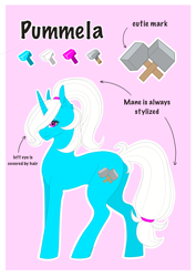 Size: 2480x3508 | Tagged: safe, artist:themstap, oc, oc:pummela, pony, unicorn, eyeshadow, female, hair over one eye, high res, makeup, mare, ponytail, reference sheet