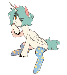 Size: 1280x1429 | Tagged: safe, artist:lynesssan, oc, oc only, oc:lyness, alicorn, pony, clothes, female, mare, one eye closed, simple background, socks, solo, tongue out, transparent background, wink
