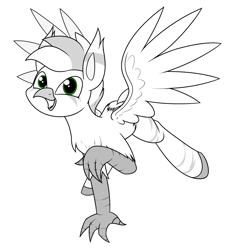 Size: 1797x1960 | Tagged: safe, artist:moonatik, oc, oc only, oc:sagey, griffon, hippogriff, ear fluff, flying, looking at you, male, partial color, raised claw, solo, wings