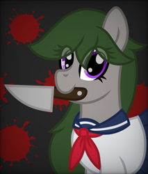 Size: 899x1055 | Tagged: safe, artist:froyo15sugarblast, oc, oc only, oc:penny apple, earth pony, pony, blood, clothes, eye clipping through hair, female, halfbody, knife, looking at you, mare, school uniform, shadow, smiling, solo, yandere