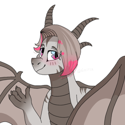 Size: 768x768 | Tagged: safe, artist:valkiria, oc, oc only, oc:rajaah, dragon, blushing, claws, commission, dragon oc, dragon wings, eye clipping through hair, hair, half body, horns, looking at you, male, simple background, smiling, smiling at you, solo, splotches, spread wings, stripes, transparent background, two toned eyes, wings