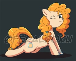 Size: 1280x1023 | Tagged: safe, artist:feralroku, pear butter, earth pony, pony, g4, cute, gray background, lying down, obtrusive watermark, one eye closed, prone, simple background, solo, watermark
