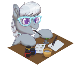 Size: 3748x3227 | Tagged: safe, artist:taytinabelle, silver spoon, earth pony, pony, g4, accessory, blushing, braid, cute, ear fluff, female, filly, glasses, high res, jewelry, minifig, mouth hold, necklace, painting, silverbetes, simple background, smiling, solo, unshorn fetlocks, white background