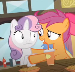 Size: 469x452 | Tagged: safe, screencap, scootaloo, sweetie belle, pegasus, pony, unicorn, g4, twilight time, faic, female, filly, frightened, out of context