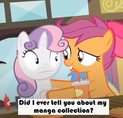 Size: 469x452 | Tagged: safe, edit, edited screencap, screencap, scootaloo, sweetie belle, pegasus, pony, unicorn, g4, twilight time, caption, faic, female, filly, frightened, image macro, out of context, text