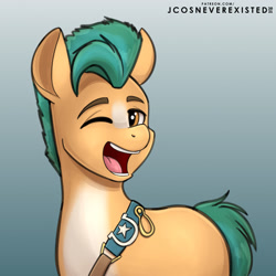 Size: 1280x1280 | Tagged: safe, artist:jcosneverexisted, hitch trailblazer, earth pony, pony, g5, blaze (coat marking), coat markings, facial markings, looking at you, male, one eye closed, open mouth, pale belly, solo, stallion, wink, winking at you