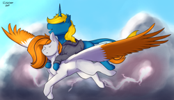 Size: 4569x2632 | Tagged: safe, artist:flashnoteart, oc, oc:feather river, oc:flashnote, pegasus, pony, unicorn, angry face, cloud, commission, female, flying, high res, horn, lightning, male, mare, pegasus oc, ponies riding ponies, riding, smiling, stallion, unicorn oc, wings