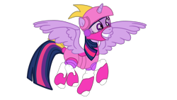 Size: 2700x1519 | Tagged: safe, artist:gmaplay, twilight sparkle, alicorn, pony, g4, animal mechanical, clothes, cosplay, costume, flying, high res, simple background, solo, transparent background, twilight sparkle (alicorn), unicorn (animal mechanicals)