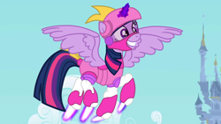 Size: 2700x1519 | Tagged: safe, artist:gmaplay, screencap, twilight sparkle, alicorn, pony, g4, animal mechanical, clothes, cosplay, costume, flying, high res, solo, twilight sparkle (alicorn), unicorn (animal mechanicals)