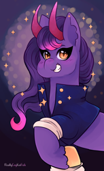Size: 1788x2930 | Tagged: source needed, useless source url, safe, artist:reallycoykoifish, oc, oc only, oc:wry glimmer, demon, demon pony, pony, anime eyes, anime style, clothes, colored hooves, commission, demon pony oc, glitter, gold hooves, gold star, hooves, horn, horns, jacket, jojo's bizarre adventure, ombre hair, shojo, solo