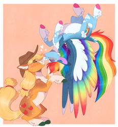 Size: 1404x1510 | Tagged: safe, artist:wanderingpegasus, applejack, rainbow dash, earth pony, pegasus, pony, g4, :p, applejack's hat, blaze (coat marking), blushing, boop, chest fluff, coat markings, colored hooves, colored wings, cowboy hat, cute, dashabetes, ear fluff, eyes closed, facial markings, feathered fetlocks, female, floating, flying, freckles, gradient wings, hat, heart, hug, jackabetes, leg fluff, lesbian, markings, multicolored wings, noseboop, nuzzling, pale belly, rainbow wings, redesign, ship:appledash, shipping, snip (coat marking), socks (coat markings), spread wings, tail feathers, tongue out, unshorn fetlocks, upside down, white belly, wings