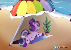 Size: 2048x1430 | Tagged: safe, artist:cosmiclitgalaxy, phyllis, starlight glimmer, pony, unicorn, g4, beach, butt, female, glimmer glutes, lying down, mare, plot, potted plant, smiling, solo, umbrella