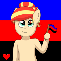 Size: 1000x1000 | Tagged: safe, artist:fruiitypieq, artist:shycookieq, oc, oc only, earth pony, pony, bust, commission, earth pony oc, eyelashes, female, flag, heart, holding a flag, hoof hold, mare, polyamory pride flag, pride, pride flag, smiling, solo, ych result