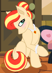 Size: 1080x1514 | Tagged: safe, artist:fruiitypieq, artist:shycookieq, oc, oc only, earth pony, pony, collaboration, earth pony oc, female, hair bun, indoors, jewelry, looking back, mare, necklace, pearl necklace, raised hoof, smiling, solo