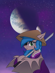 Size: 768x1024 | Tagged: safe, artist:kusturbrick, oc, oc only, oc:ldblue, bat pony, pony, asian conical hat, bipedal, bust, chest fluff, clothes, ear fluff, eyepatch, female, hat, hooves, katana, kenshi, kimono (clothing), mare, night, planet, shinobi, sky, smiling, solo, spread wings, standing, stars, sword, three quarter view, weapon, wings