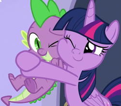 Size: 1231x1080 | Tagged: safe, screencap, spike, twilight sparkle, alicorn, dragon, pony, g4, season 9, the ending of the end, brother and sister, cheek squish, cropped, cuddling, cute, daaaaaaaaaaaw, duo, duo male and female, female, hug, male, mare, one eye closed, siblings, smiling, spikabetes, spikelove, squishy cheeks, twiabetes, twilight sparkle (alicorn), weapons-grade cute, winged spike, wings