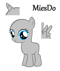 Size: 806x952 | Tagged: safe, artist:miesdo, oc, oc only, earth pony, pony, bald, base, earth pony oc, eyelashes, female, filly, horn, simple background, smiling, solo, white background, wings