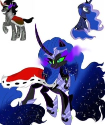 Size: 640x758 | Tagged: safe, artist:_goddesskatie_, king sombra, princess luna, alicorn, pony, g4, background removed, colored horn, curved horn, female, fusion, hoof shoes, horn, looking back, male, mare, peytral, simple background, sombra eyes, stallion, white background