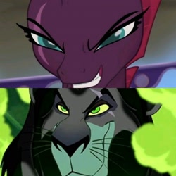 Size: 1920x1920 | Tagged: safe, edit, edited screencap, screencap, tempest shadow, big cat, lion, pony, unicorn, g4, my little pony: the movie, comparison, disney, evil grin, female, grin, male, mare, scar, scar (the lion king), smiling, the lion king