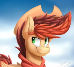 Size: 4096x3747 | Tagged: safe, artist:kaylerustone, oc, oc only, oc:kayle rustone, pegasus, pony, bust, clothes, cloud, cowboy hat, day, folded wings, hat, looking back, male, outdoors, portrait, scarf, signature, sky, smiling, smirk, solo, stallion, wings