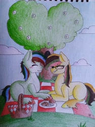 Size: 2836x3782 | Tagged: safe, artist:sweetie_plush6, oc, oc only, earth pony, pony, basket, blushing, eyes closed, female, food, glasses, happy, high res, male, mare, muffin, picnic, picnic basket, smiling, stallion, traditional art