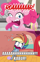 Size: 720x1118 | Tagged: safe, boulder media, edit, edited screencap, screencap, fluttershy, pinkie pie, rainbow dash, earth pony, pegasus, pony, g4, g4.5, my little pony: pony life, rainbow roadtrip, unboxing day, bloodshot eyes, discovery family logo, female, indonesian, mare, meme, pinkie pie is best facemaker, roar, scaredy dash, screaming, terrorize