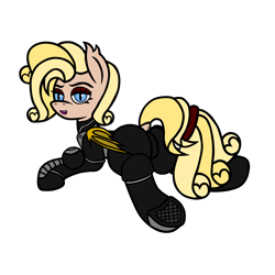 Size: 4000x4000 | Tagged: safe, alternate version, artist:dice-warwick, oc, oc:lood odil, bat pony, dock, fallout, fallout: new vegas, looking at you, looking back, looking back at you, lying down, prone, raised tail, slit pupils, stealth suit, stealth suit mk ii, tail, underhoof