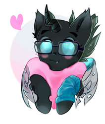 Size: 845x995 | Tagged: safe, artist:finlywhisk, oc, oc only, oc:tarsi, changeling, blushing, changeling oc, clothes, commission, fangs, glasses, heart, horn, hug, pillow, pillow hug, solo, wings, ych result