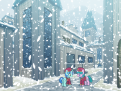 Size: 800x600 | Tagged: safe, artist:rangelost, oc, oc only, pony, unicorn, cyoa:d20 pony, hat, outdoors, pixel art, snow, snowfall, town