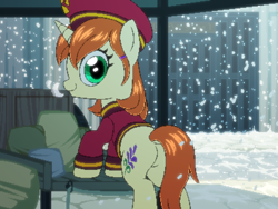 Size: 800x600 | Tagged: safe, artist:rangelost, oc, oc only, oc:florette, pony, unicorn, cyoa:d20 pony, butt, female, looking at you, looking back, looking back at you, mare, outdoors, pixel art, plot, smiling, snow, snowfall