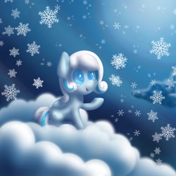 Size: 1080x1080 | Tagged: safe, artist:aquaticvibes, oc, oc only, oc:snowdrop, pegasus, pony, cloud, cute, female, filly, on a cloud, snow, snowflake, solo