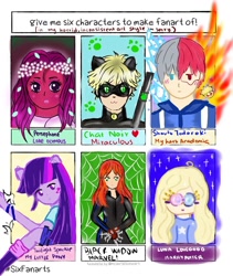 Size: 1080x1281 | Tagged: safe, artist:shravieeee, twilight sparkle, human, equestria girls, g4, adrien agreste, black widow (marvel), bust, chat noir, crossover, female, floral head wreath, flower, harry potter (series), lore olympus, luna lovegood, male, miraculous ladybug, my hero academia, persephone, shoto todoroki, six fanarts