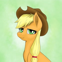 Size: 2560x2560 | Tagged: safe, artist:aquaticvibes, applejack, earth pony, pony, g4, abstract background, applejack's hat, bust, cowboy hat, female, hat, high res, mare, solo