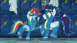 Size: 1920x1080 | Tagged: safe, screencap, rainbow dash, soarin', pegasus, pony, g4, newbie dash, alternate hairstyle, clothes, duo, female, male, mare, rainbow fash, stallion, uniform, wonderbolts uniform