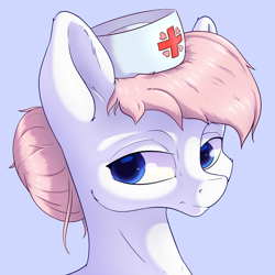 Size: 1800x1800 | Tagged: safe, artist:aquaticvibes, nurse redheart, earth pony, pony, g4, blue background, bust, female, hair bun, hat, mare, nurse hat, simple background, solo, stray strand