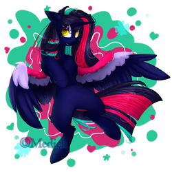 Size: 2449x2449 | Tagged: safe, artist:mediasmile666, oc, oc only, alicorn, pony, abstract background, alicorn oc, female, high res, horn, mare, solo, spread wings, two toned wings, wings