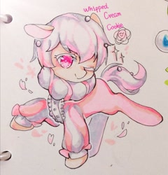 Size: 1082x1126 | Tagged: safe, artist:v17nvlsyu9ljsro, earth pony, pony, cookie run, male, petals, ponified, rose petals, simple background, text, traditional art, whipped cream cookie